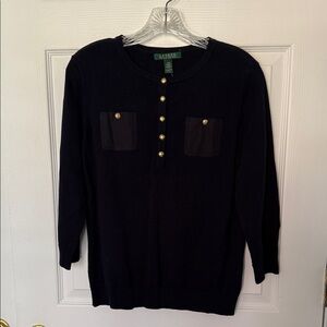Ralph Lauren Navy Knit Top with Gold Accent